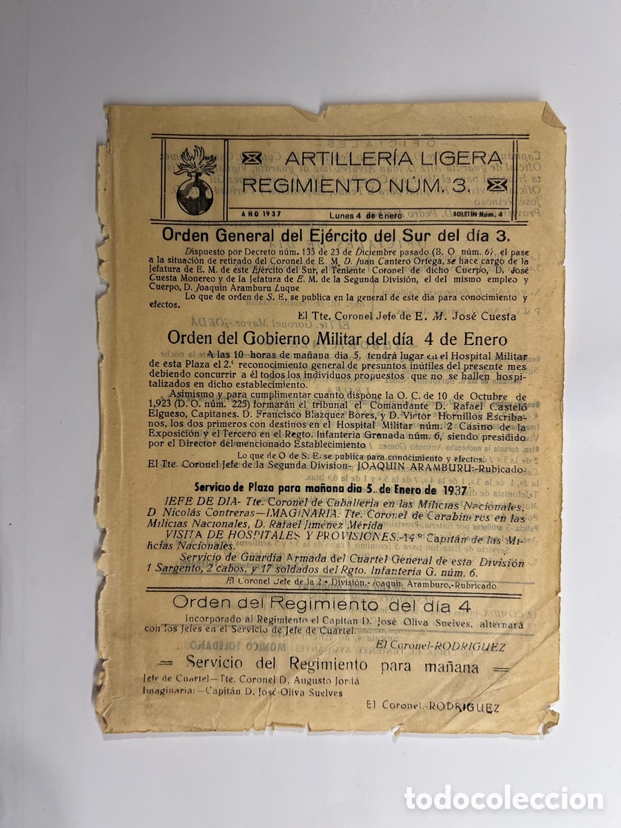 Documentos antiguos: SEVILLA. Regimiento de Artiller&iacute;a No.14, Servicio de Plaza del dia 4 de Enero de 1937 (hoja suelta)