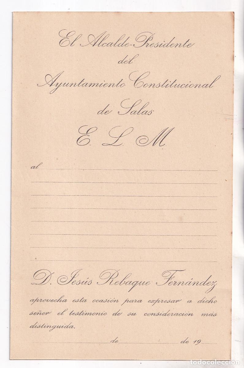Documentos antiguos: IMPRESO DE SALUDA DEL ALCALDE DE SALAS, ASTURIAS, JES&Uacute;S REBAQUE FERN&Aacute;NDEZ. SIN RELLENAR