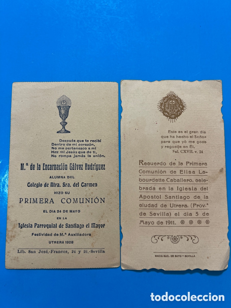 Documentos antiguos: 3 Estampas Comuni&oacute;n Santiago Utrera 1911-28 - Foto 2
