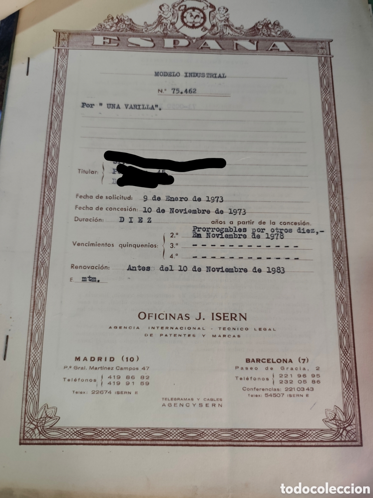 Documentos antiguos: Patente Modelo Industrial 75462. Ministerio Industria 1973