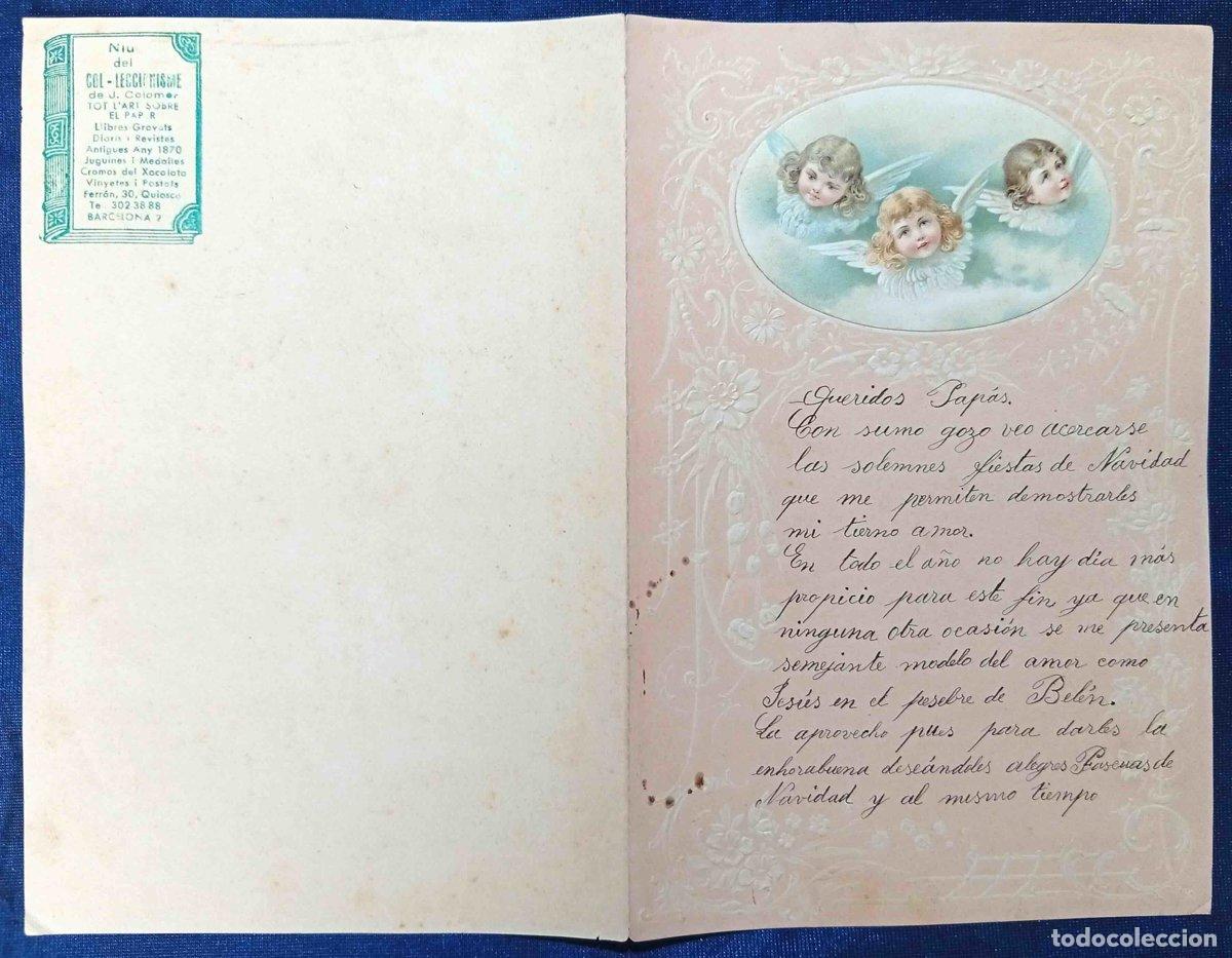 Documentos antiguos: PAPEL DE CARTA CON CROMO ENGANCHADO Y CON TEXTO ESCRITO A MIS QUERIDOS PAP&Aacute;S. S/F.