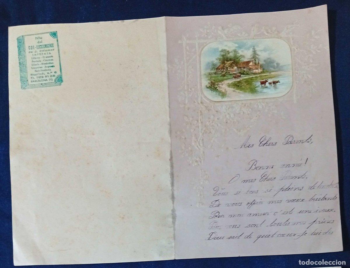 Documentos antiguos: PAPEL DE CARTA CON CROMO ENGANCHADO Y CON TEXTO ESCRITO A MES CHERS PARENTS, 1901.