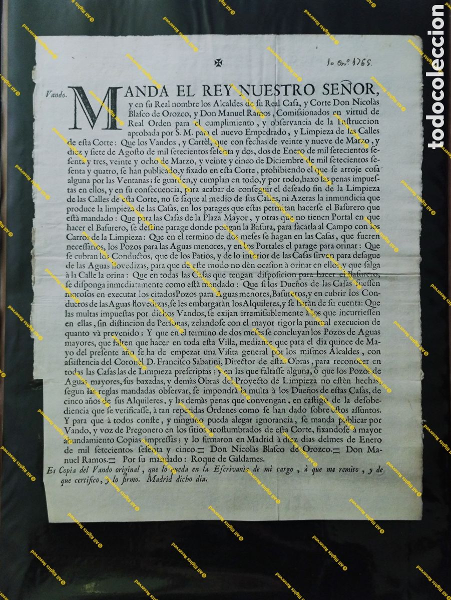 Documentos antiguos: MADRID, CARLOS III, BANDO, EMPEDRADO, LIMPIEZA CALLES, POZOS, BASUREROS...1765