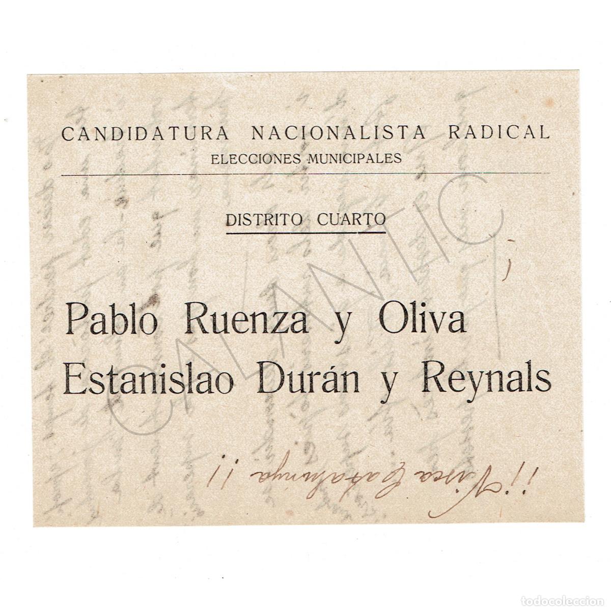 Documentos antiguos: Candidatura Nacionalista Radical &ndash; Barcelona &ndash; Estanislau Duran i Pau Ruenza &ndash; Visca Catalunya