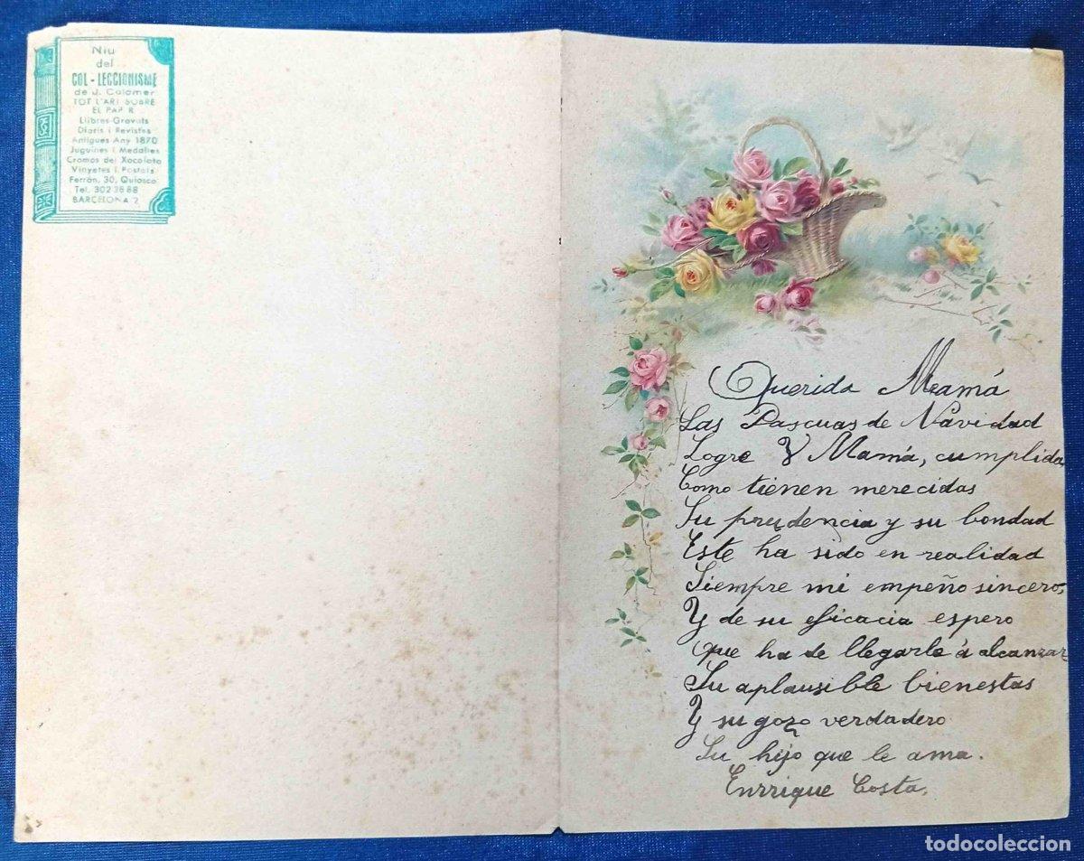 Documentos antiguos: Copia de PAPEL DE CARTA CON CROMO ENGANCHADO Y CON TEXTO ESCRITO QUERIDA MAM&Aacute;. S/F.