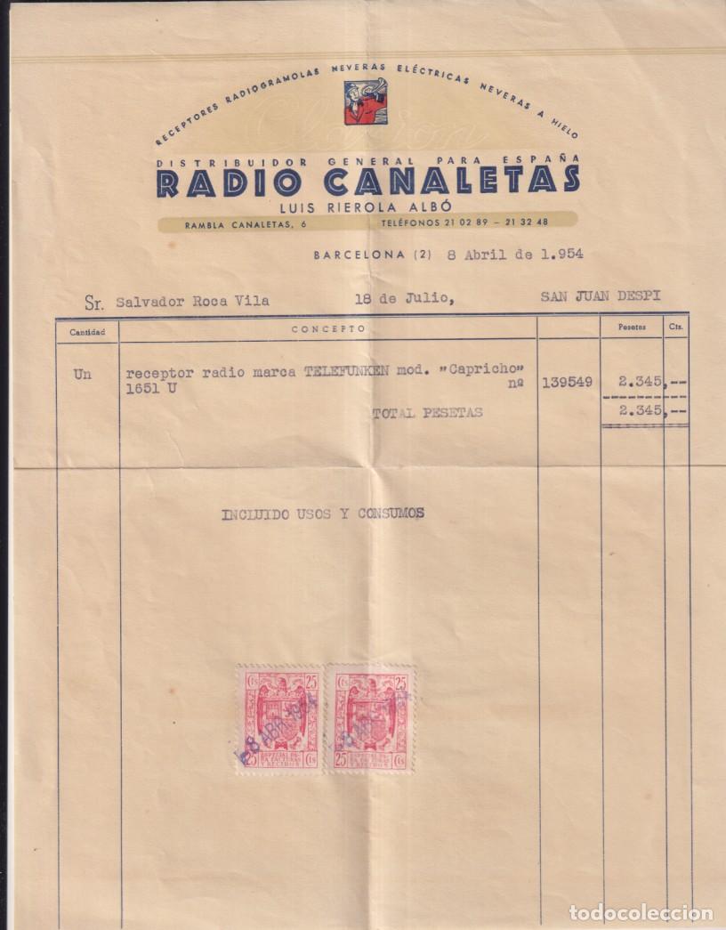Documentos antiguos: Factura de compra. Radio Canaleta-Barcelona. Al Sr. --- Un receptor radio Marca Telefunken. Total: 2