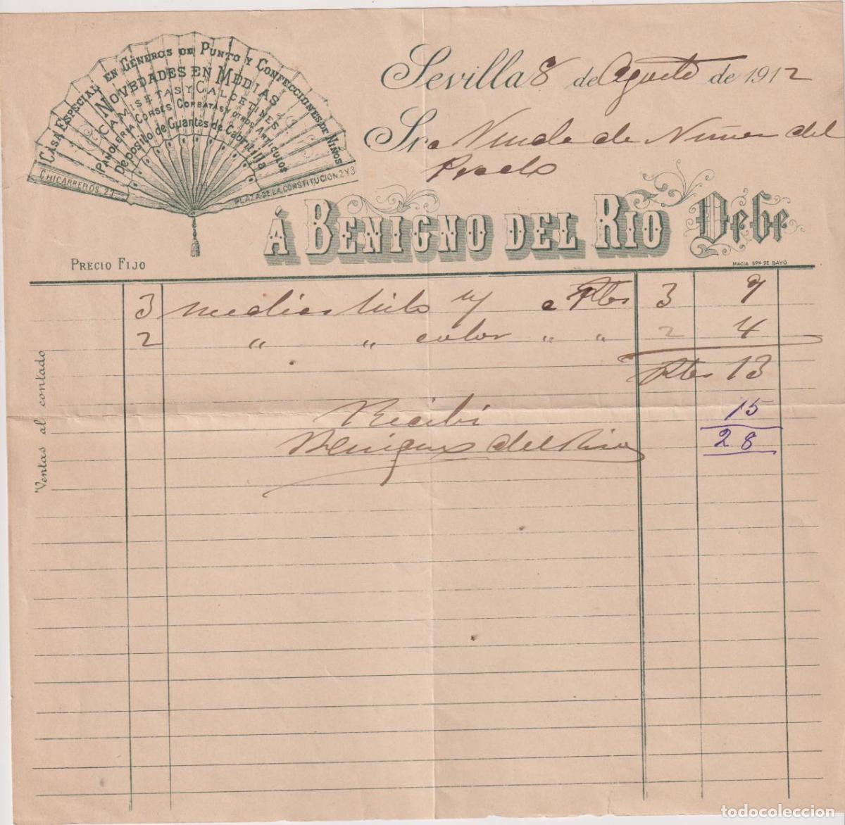 Documentos antiguos: Benigno del R&iacute;o. G&eacute;neros de Punto y Novedades en Medias. Factura, 8 Agosto 1912