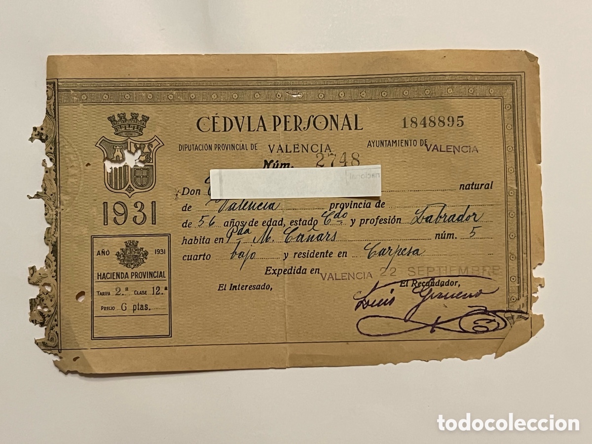 Documentos antiguos: CARPESA. Partida Mol&iacute; de Ca&ntilde;ars.. C&eacute;dula Personal (a.1931) de profesi&oacute;n Labrador&hellip; Deslucida