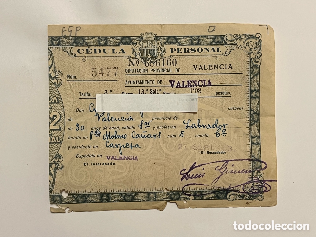 Documentos antiguos: CARPESA. Partida Mol&iacute; de Ca&ntilde;ars.. C&eacute;dula Personal (a.1932) de profesi&oacute;n Labrador&hellip;