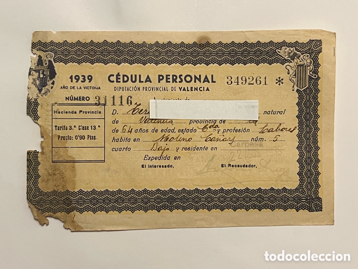 Documentos antiguos: CARPESA. Partida Mol&iacute; de Ca&ntilde;ars.. C&eacute;dula Personal (a.1939) de profesi&oacute;n sus labores