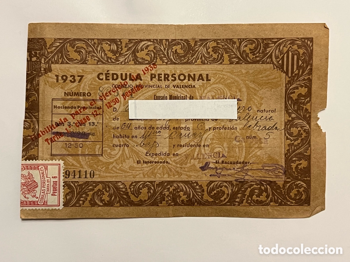Documentos antiguos: CARPESA. Partida Mol&iacute; de Ca&ntilde;ars.. C&eacute;dula Personal (a.1937) de profesi&oacute;n Labrador&hellip;