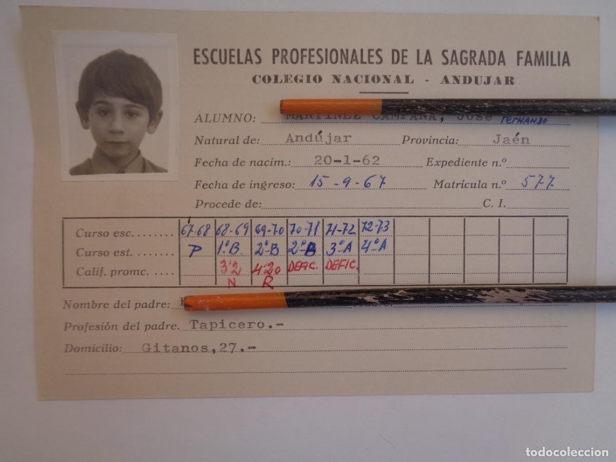 Documentos antiguos: ESCUELAS PROFESIONALES SAGRADA FAMILIA : FICHA ALUMNO 1967-73 . ANDUJAR ( JAEN )