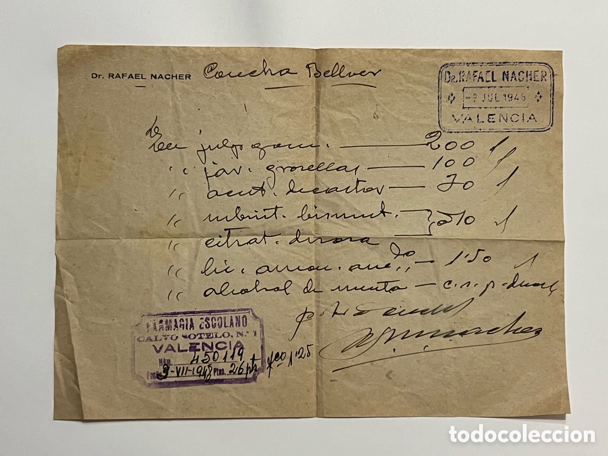 Documentos antiguos: FARMACIA ESCOLANO. Receta Dr. Rafael Nacher a su paciente de Tavernes Blanques Sra Concha Bellver
