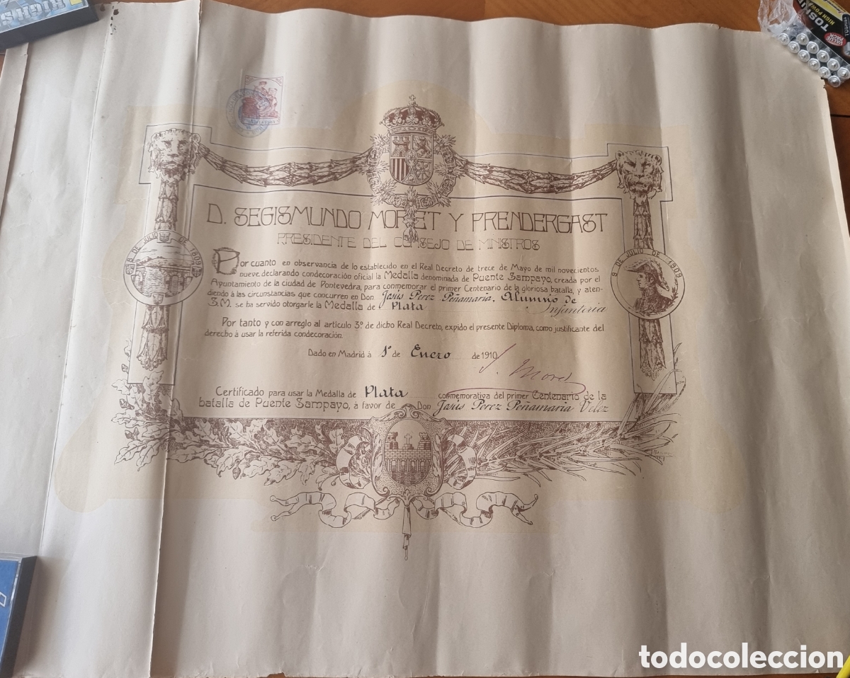 Documentos antiguos: Adjudicaci&oacute;n medalla Guerra Independencia Puente Sampayo Moret original