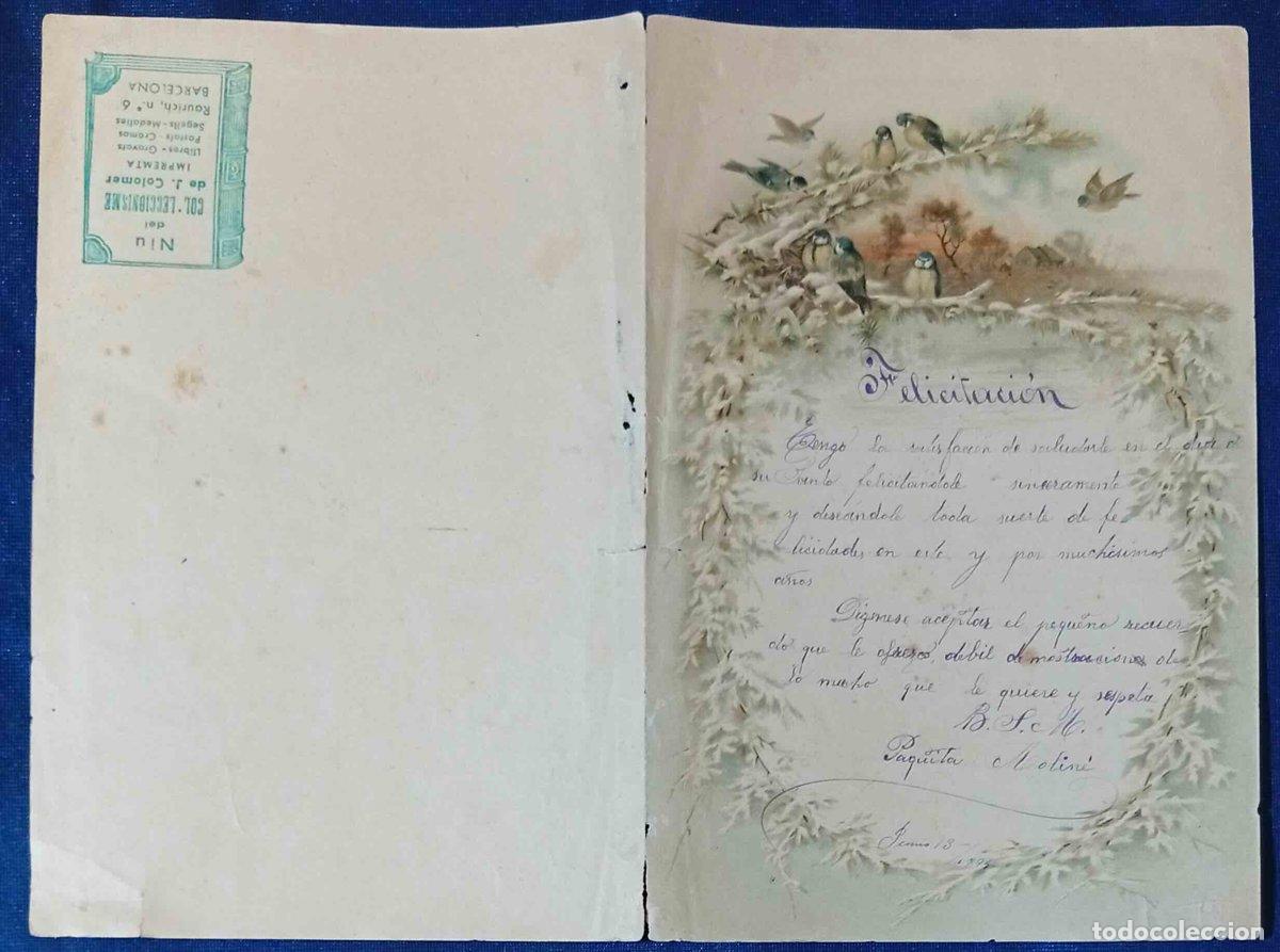 Documentos antiguos: PAPEL DE CARTA CON ILUSTRACI&Oacute;N DE P&Aacute;JAROS Y CON TEXTO ESCRITO: FELICITACI&Oacute;N. S/F.