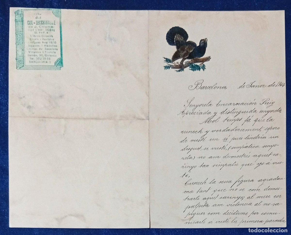 Documentos antiguos: PAPEL DE CARTA CON ILUSTRACI&Oacute;N GOFRADA DE UROGALLO Y CON TEXTO ESCRITO: SENYORETA ENCARNACI&Oacute; PUIG...