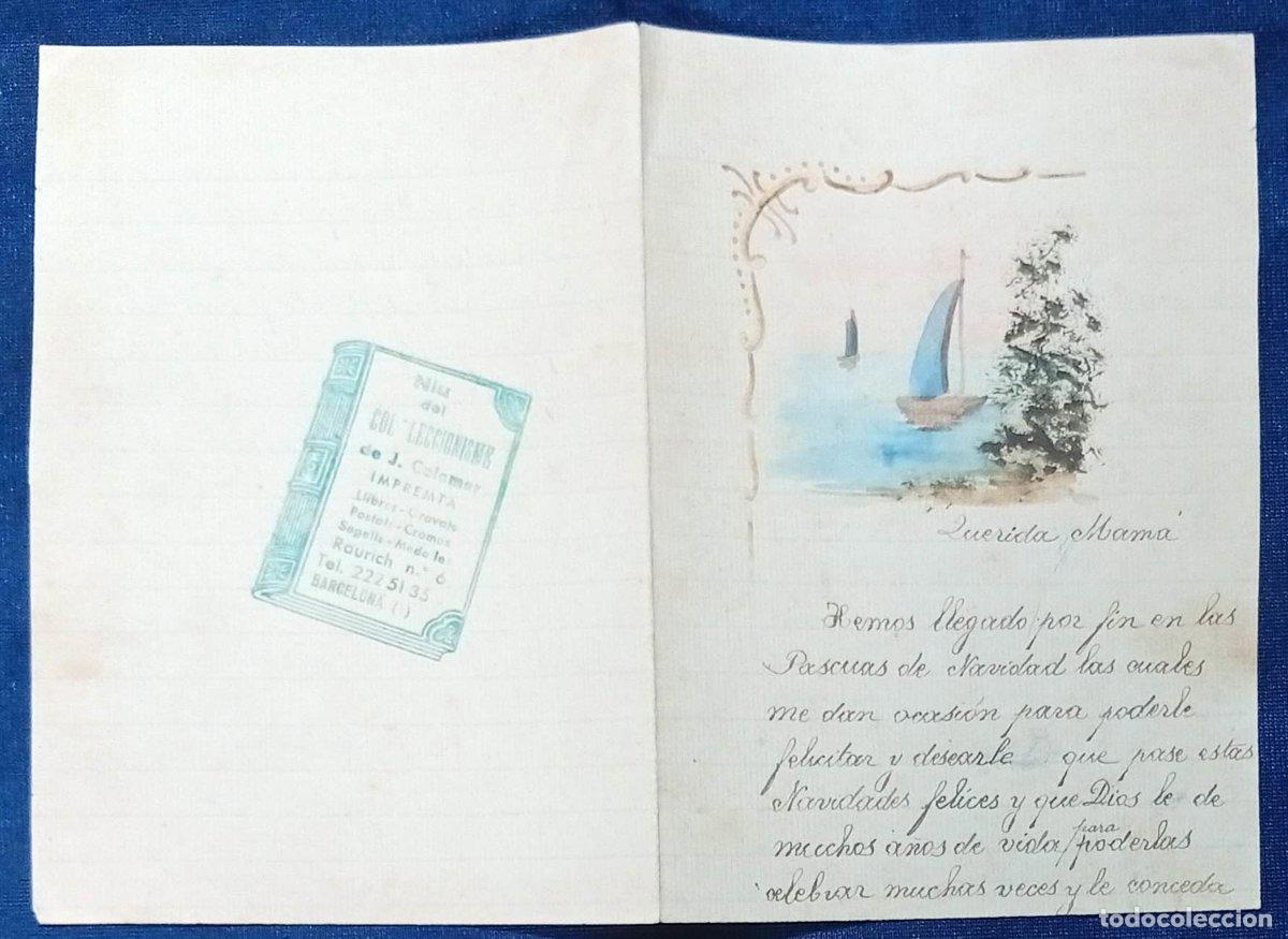 Documentos antiguos: PAPEL DE CARTA CON ILUSTRACI&Oacute;N ACUARELA MARINA HECHA A MANO Y CON TEXTO ESCRITO: QUERIDA MAM&Aacute;, 1924.