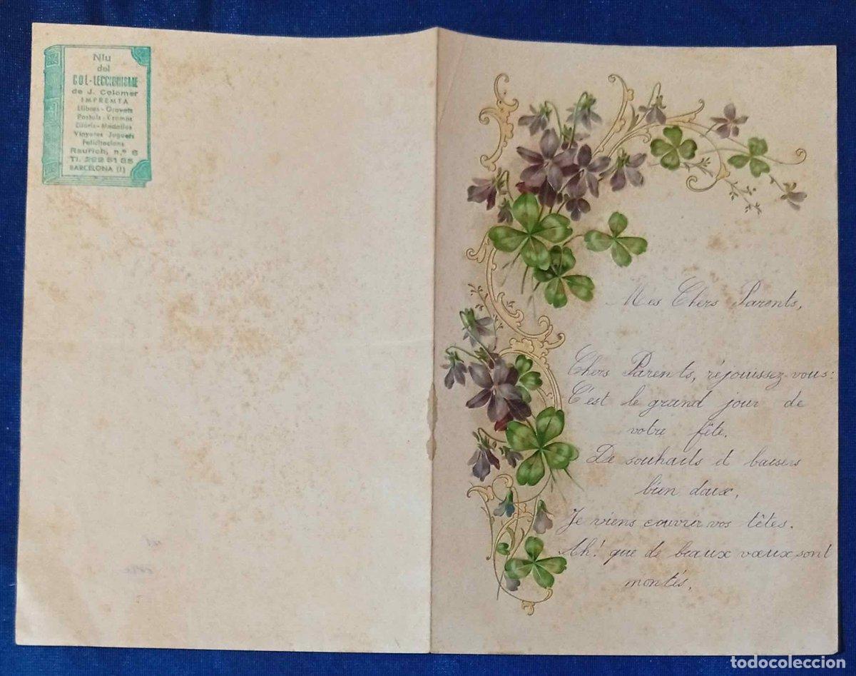 Documentos antiguos: PAPEL DE CARTA CON ILUSTRACI&Oacute;N GOFRADA DE VIOLETAS Y CON TEXTO ESCRITO: MES CHERS PARENTS, 1901.