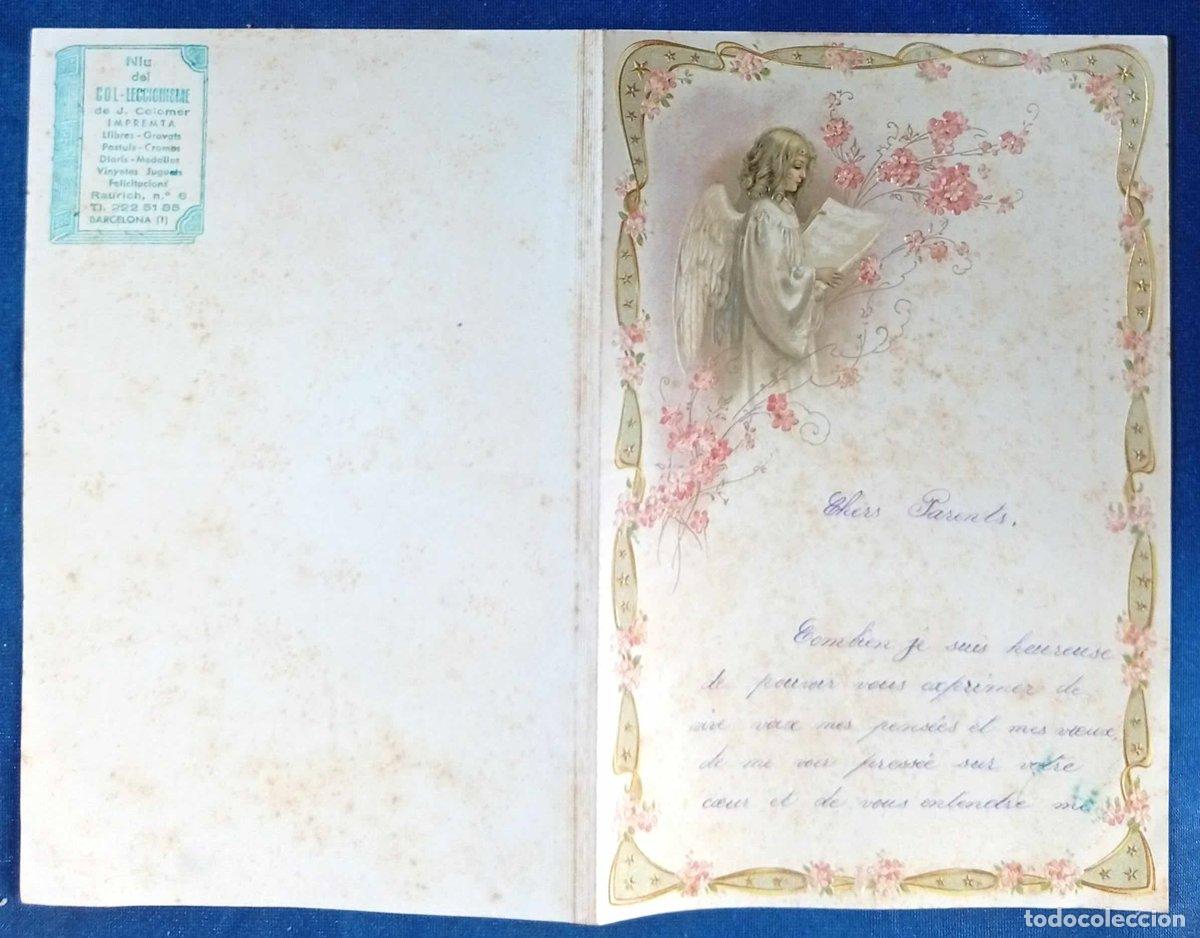 Documentos antiguos: PAPEL DE CARTA CON ILUSTRACI&Oacute;N GOFRADA DE &Aacute;NGEL Y FLORES Y TEXTO ESCRITO: CHERS PARENTS, 1903.