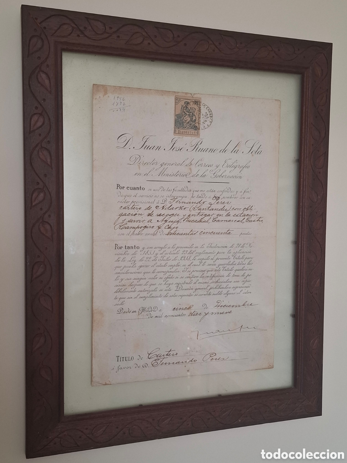 Documentos antiguos: Nombramiento de cartero de Adarzo (Santander), Rucandial, Camarreal, Campogiro y Cajo 1919 Correos