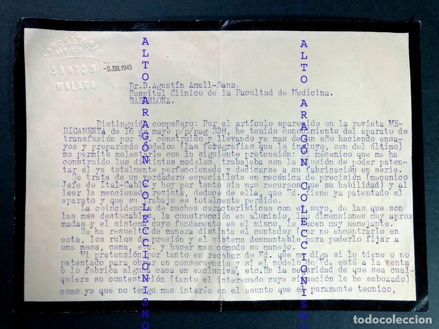 Documentos antiguos: CARTA 1945 / APARATO DE TRANSFUSI&Oacute;N SANGU&Iacute;NEA / AGUST&Iacute;N AMELL SANS ( BARCELONA ) ARRIOLA - M&Aacute;LAGA