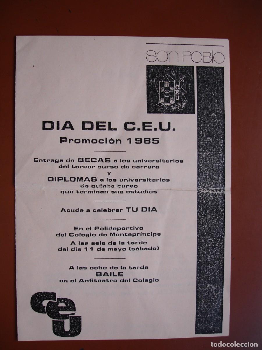 Documentos antiguos: DIA DEL C.E.U PROMOCION 1985 PROGRAMA ACTOS