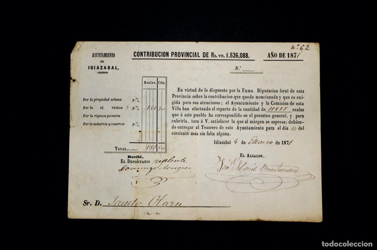 Documentos antiguos: CONTRIBUCION PROVINCIAL, AYUNTAMIENTO DE IDIAZABAL 1871
