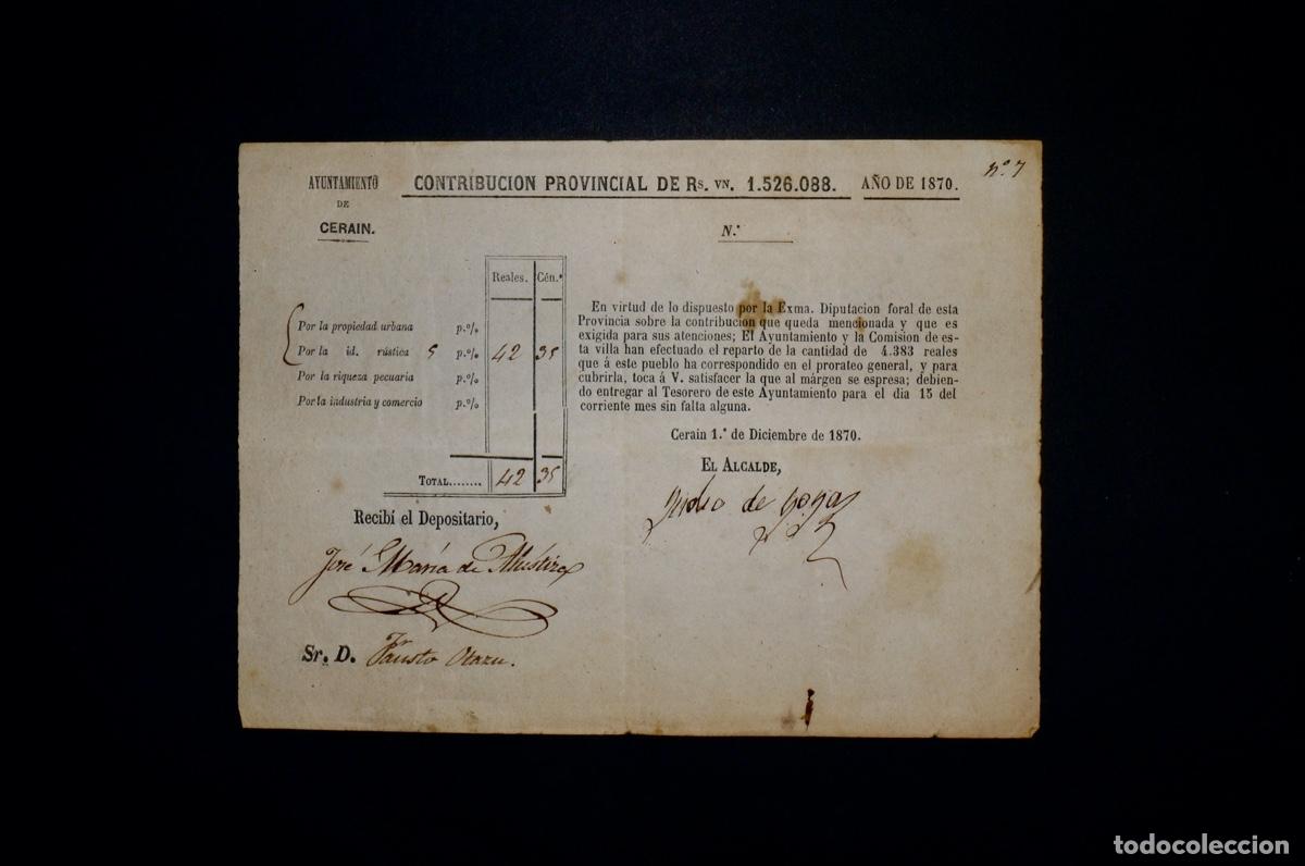 Documentos antiguos: CONTRIBUCION PROVINCIAL, AYUNTAMIENTO DE CERAIN 1870