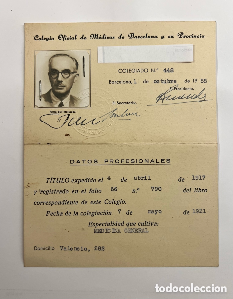 Documentos antiguos: BARCELONA. Carnet Don Carlos Soler Dopff. M&eacute;dico de Barcelona y su provincia&hellip; (a.1955)