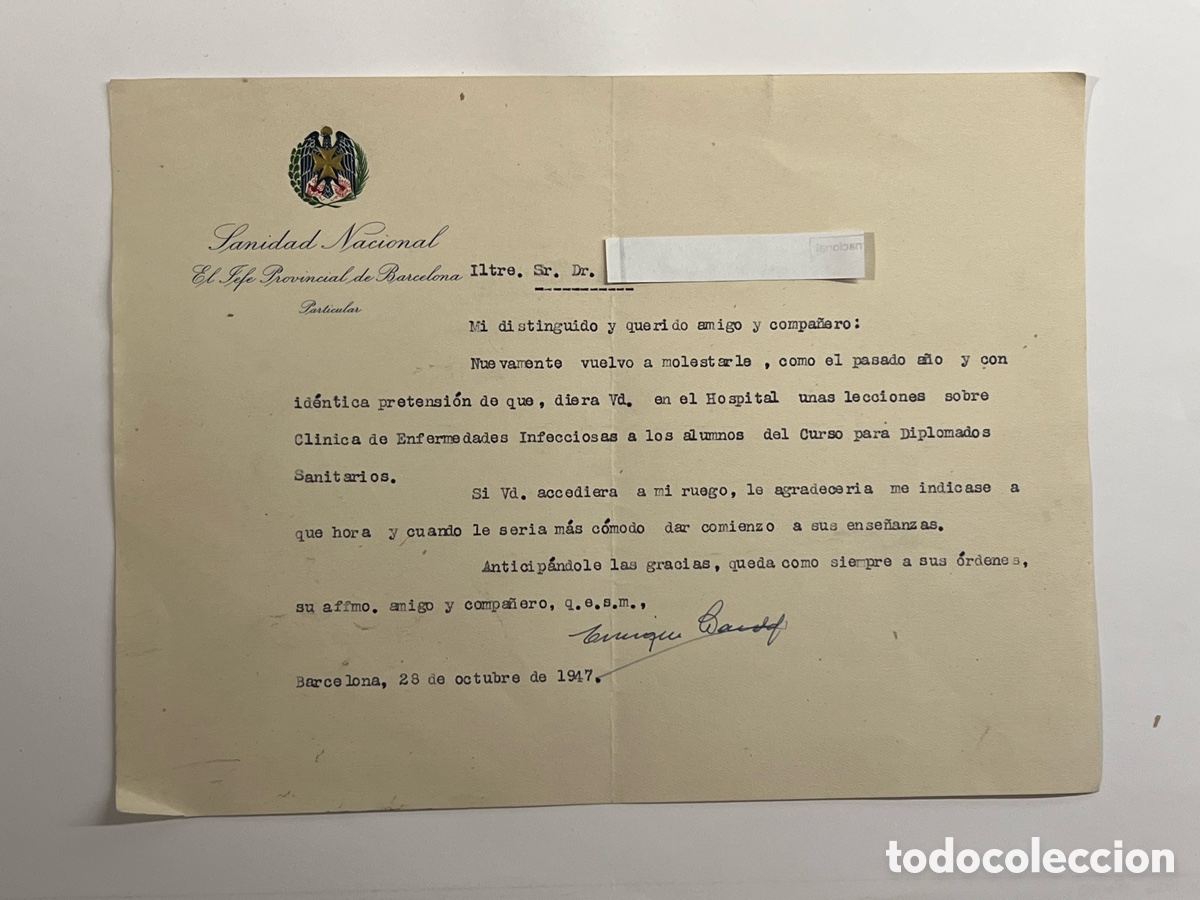 Documentos antiguos: BARCELONA SANIDAD NACIONAL, invitaci&oacute;n a dar un curso Hospital de Enfermedades Infecciosas (a.1947)