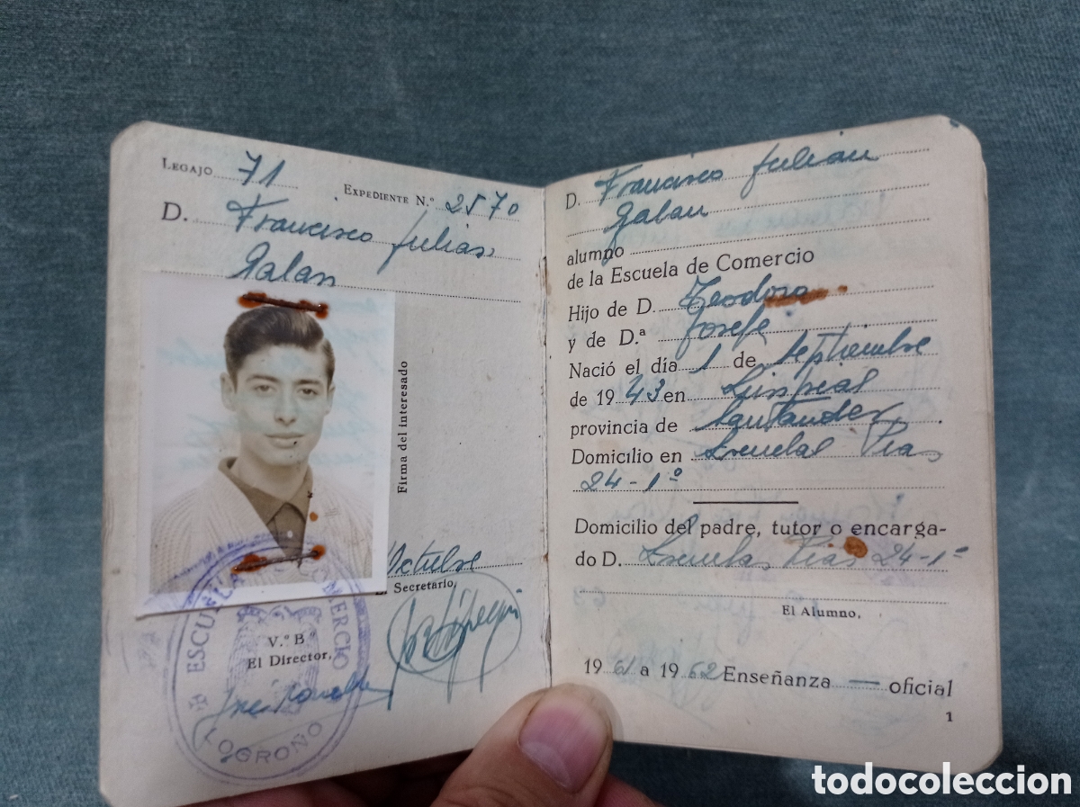Documentos antiguos: CARNET DE IDENTIDAD ESCOLAR - ESCUELA DE COMERCIO - LOGRO&Ntilde;O - 1961 - Foto 3