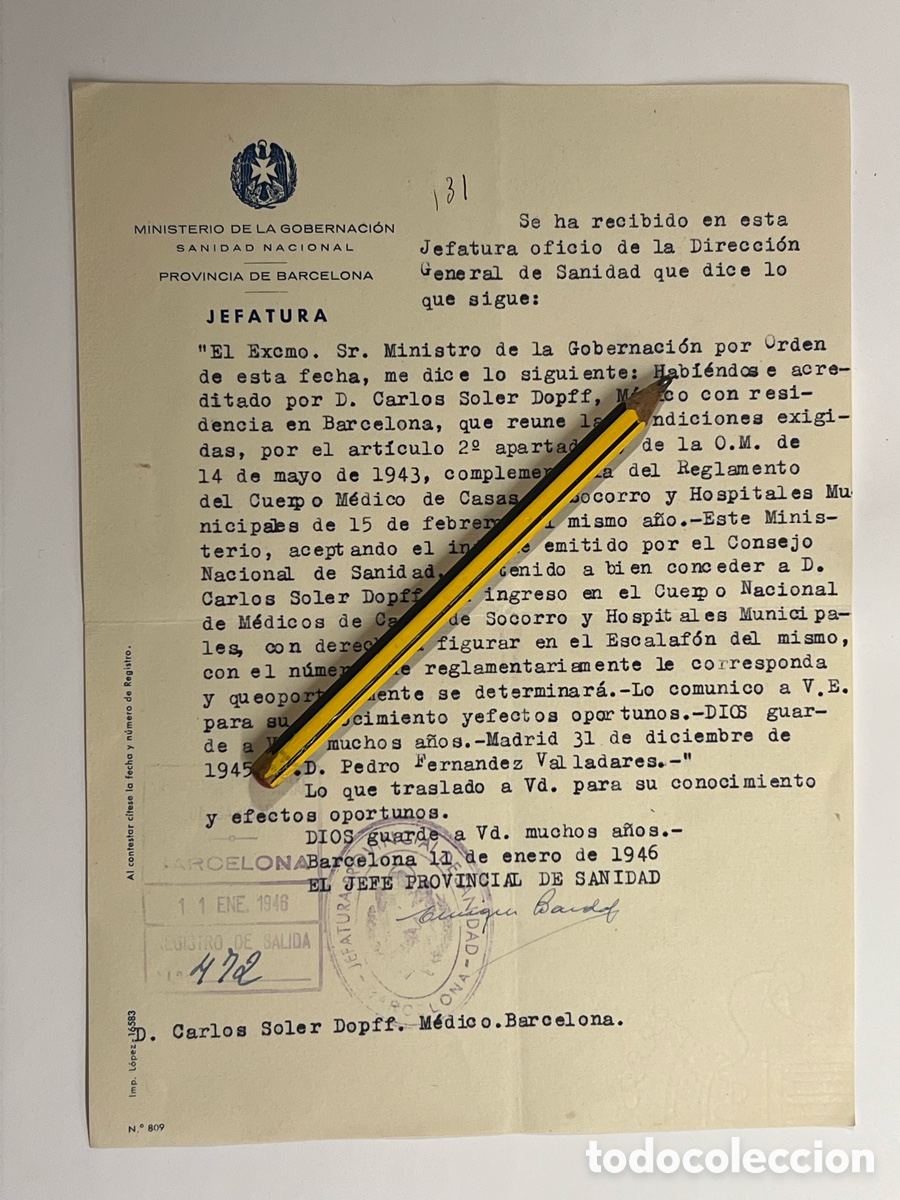 Documentos antiguos: MINISTERIO DE LA GOBERNACI&Oacute;N SANIDAD NACIONAL. PROVINCIA DE BARCELONA (a.1946)