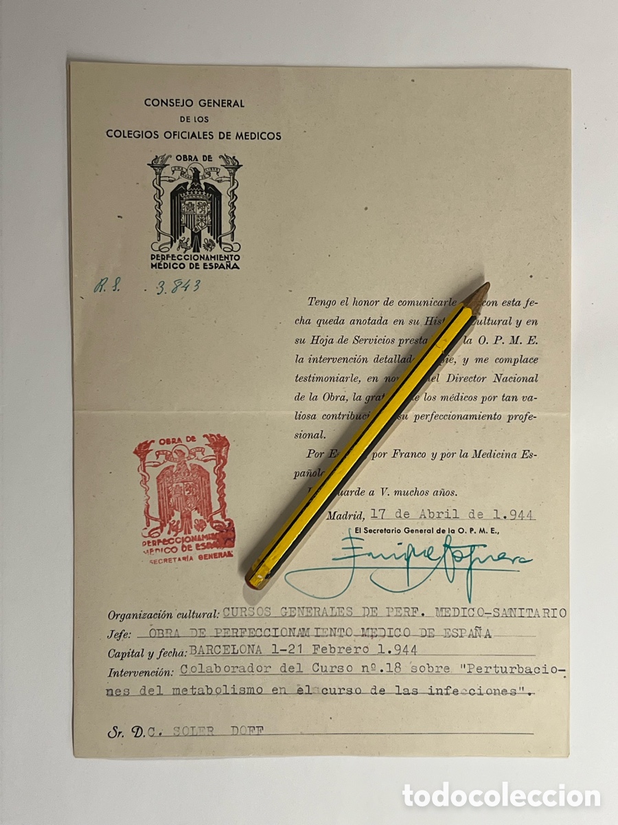 Documentos antiguos: CONSEJO GENERAL DE LOS COLEGIOS OFICIALES DE M&Eacute;DICOS. Obra de perfeccionamiento M&eacute;dico (a.1944)