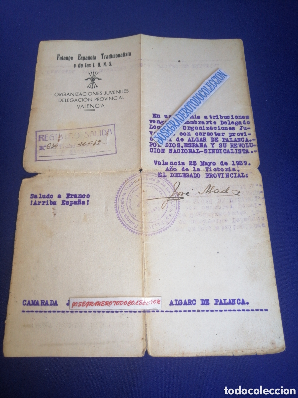 Documentos antiguos: FALANGE ESPA&Ntilde;OLA TRADICIONALISTA Y DE LAS J.O.N.S. ALGARC DE PALANCA (VALENCIA) A&Ntilde;O 1939