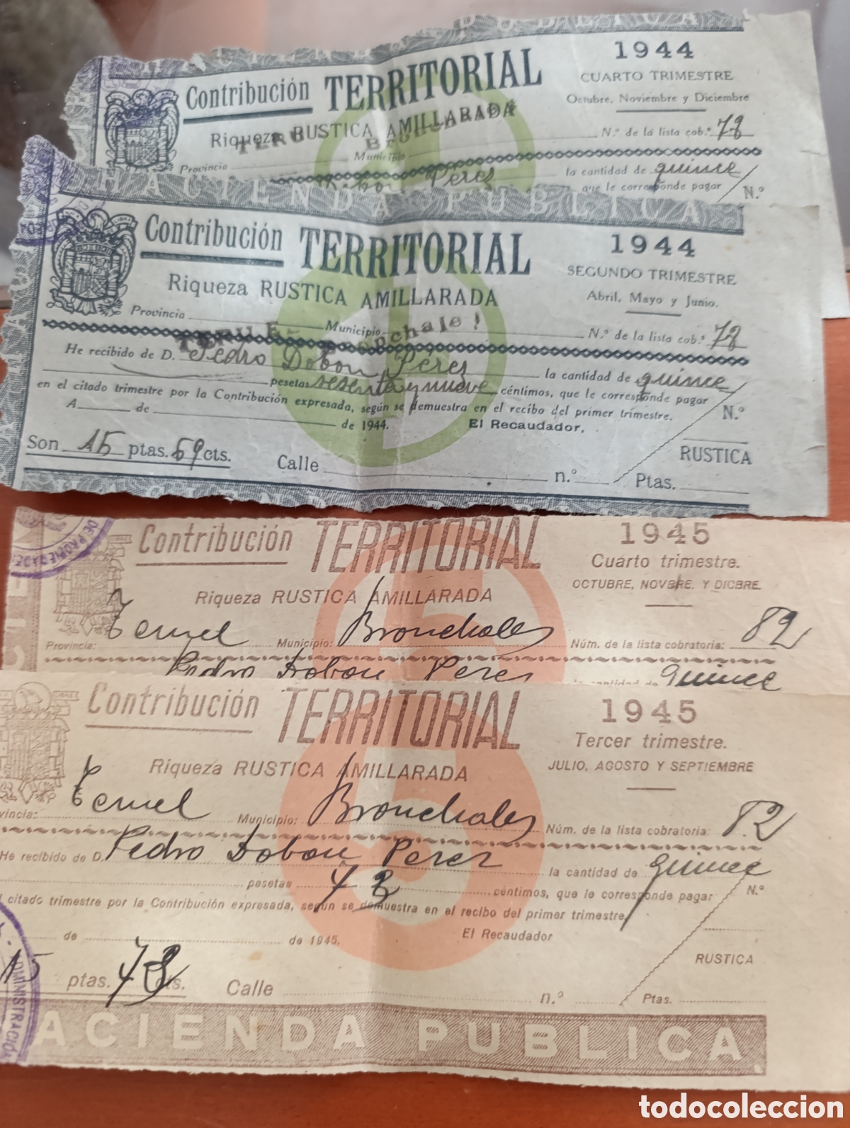 Documentos antiguos: Bronchales,Teruel recibos hist&oacute;ricos de pago de la Contribuci&oacute;n Territorial ,a&ntilde;os 1944/45