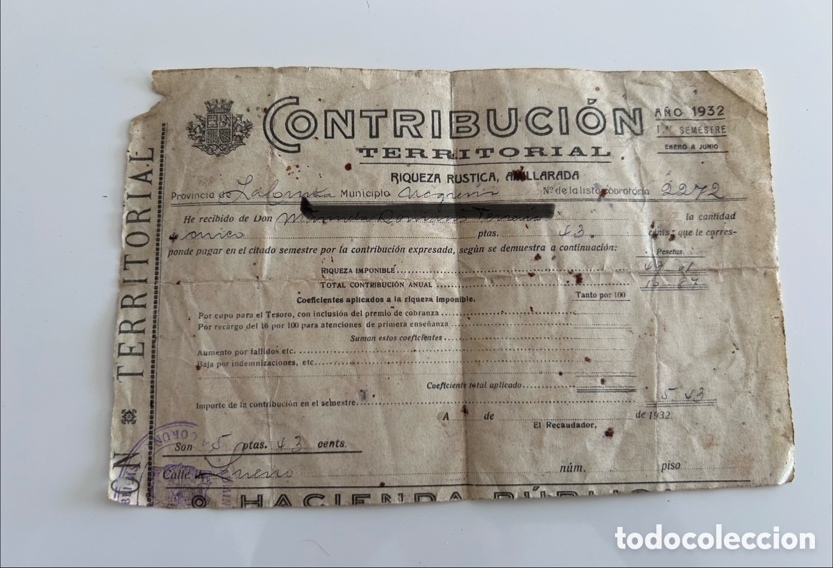Documentos antiguos: CONTRIBUCI&Oacute;N TERRITORIAL. NEGREIRA, LA CORU&Ntilde;A. A&Ntilde;O 1932