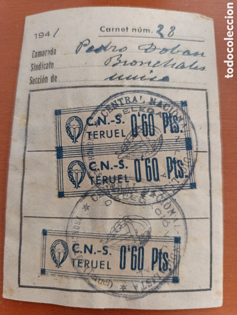 Documentos antiguos: Teruel,carnet sindical original de la Central Nacional Sindicalista (CNS),a&ntilde;os 40,posguerra espa&ntilde;ola