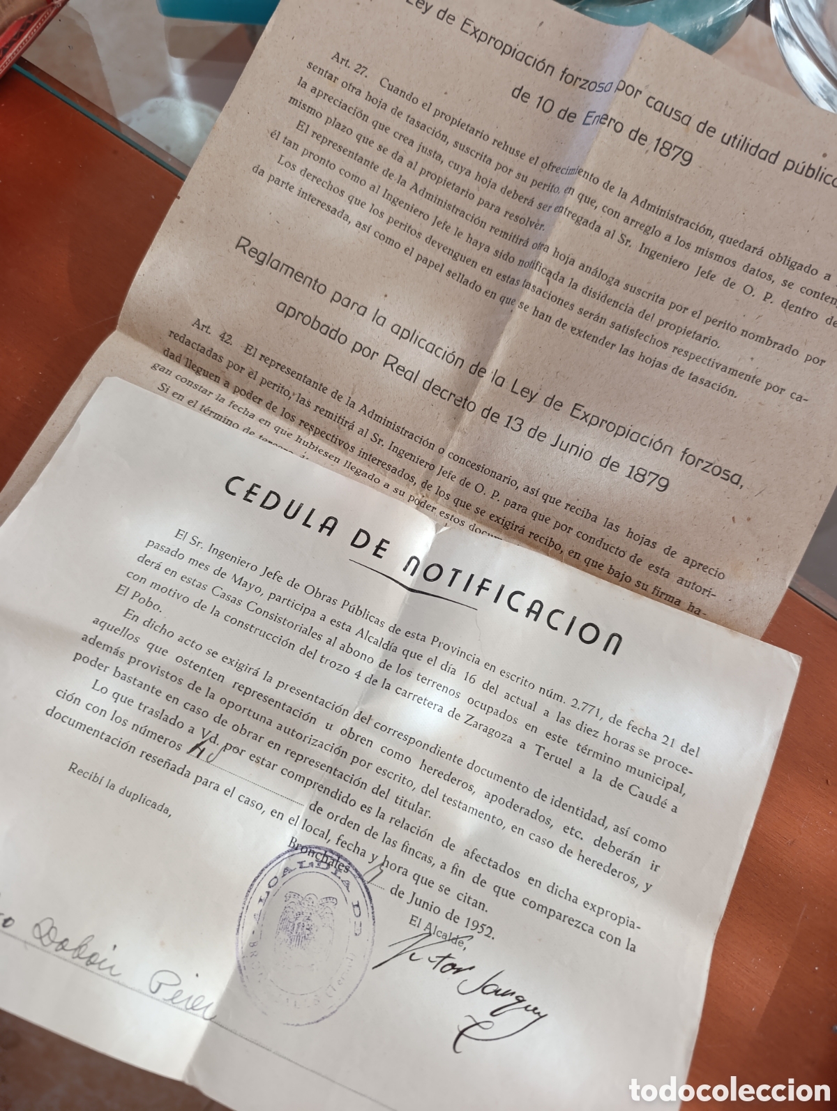 Documentos antiguos: C&eacute;dula 1952 expropiaci&oacute;n forzosa ,para la construcci&oacute;n de una carretera en Zaragoza.