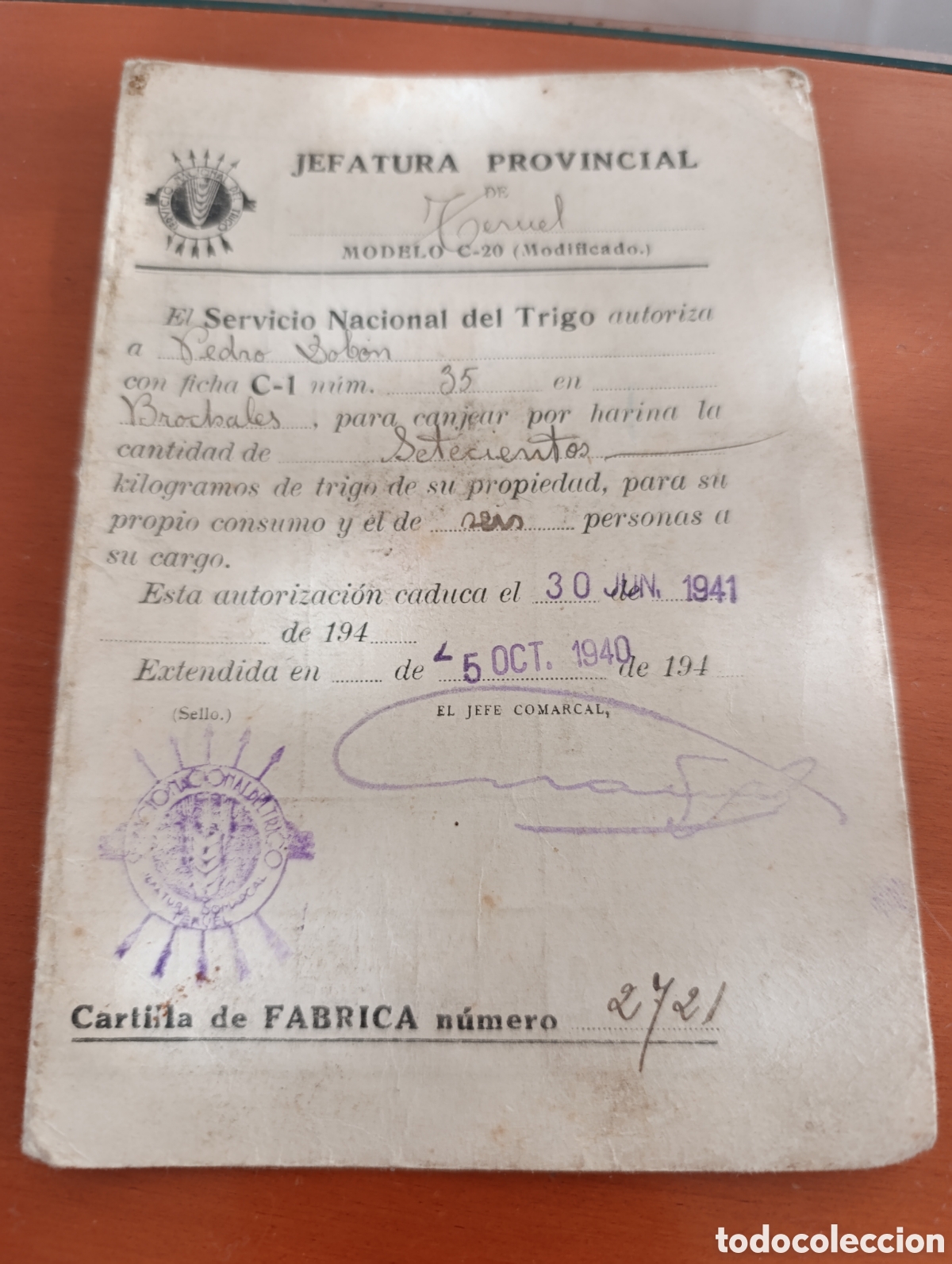 Documentos antiguos: Teruel 1941, cartilla Servicio nacional del trigo