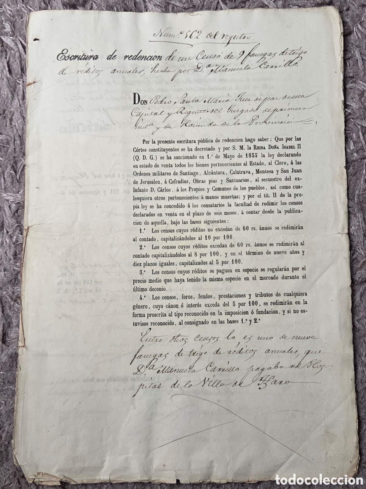 Documentos antiguos: ALFARO R&Iacute;OJA 1860 Desamortizaci&oacute;n Madoz Escritura Redenci&oacute;n censo.