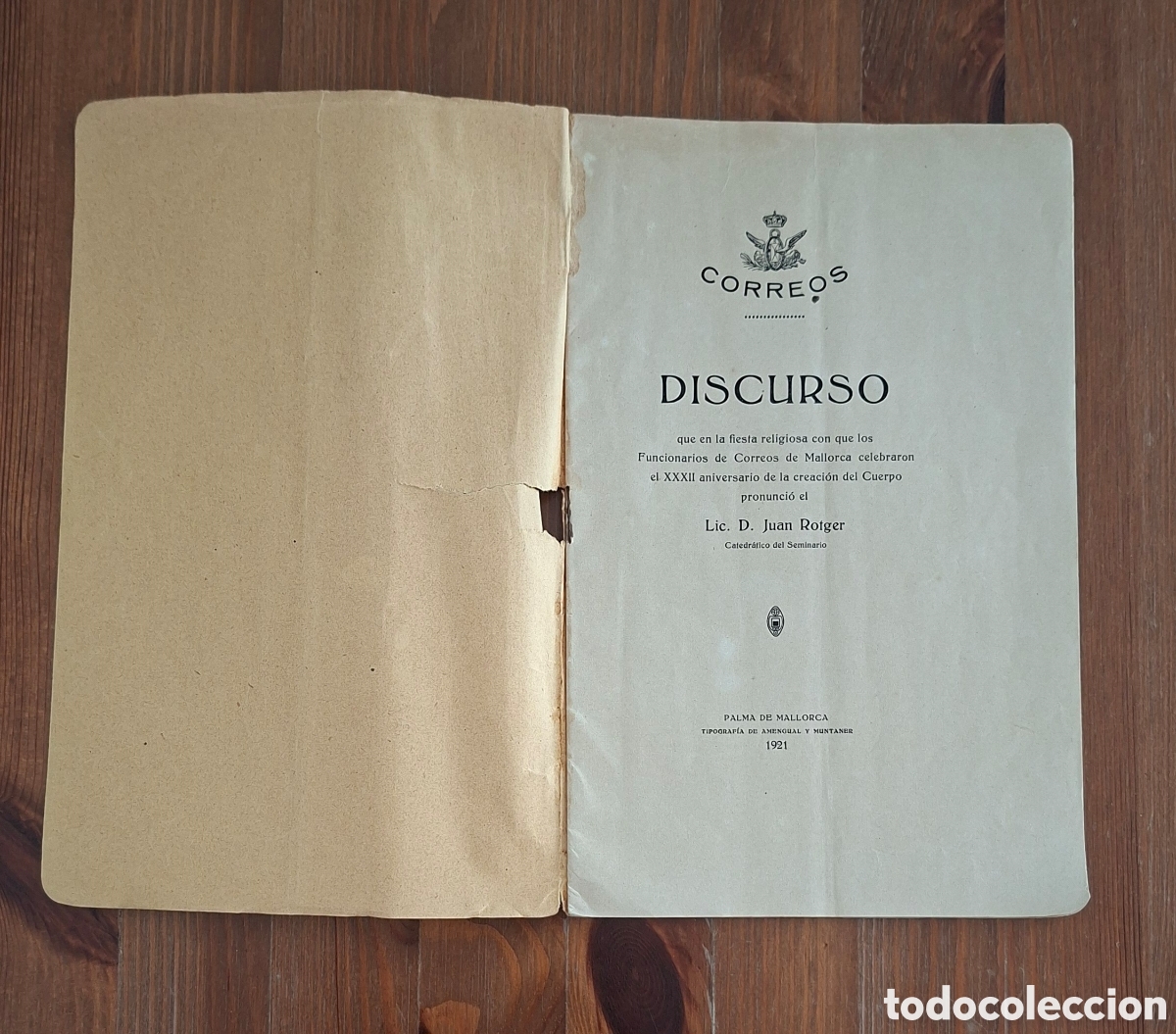 Documentos antiguos: Discurso Correos Mallorca 1921 &ndash; Lic. Juan Rotger &ndash; Folleto original con portada da&ntilde;ada