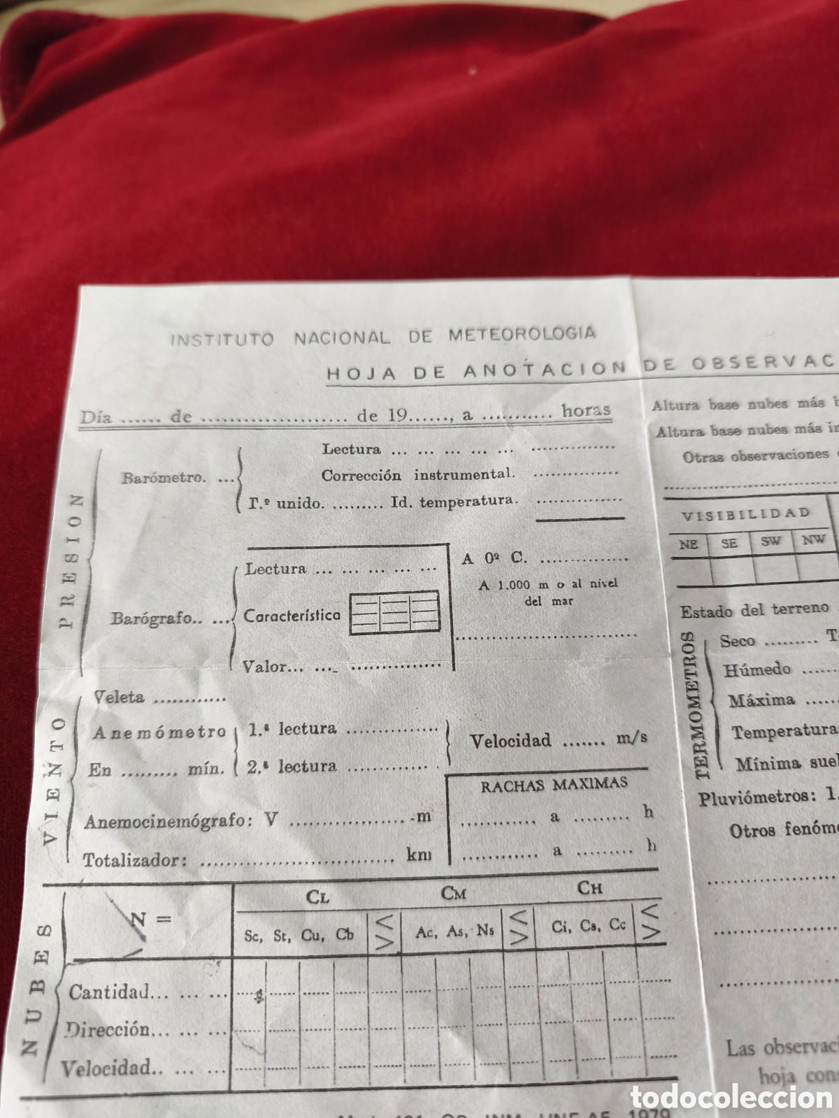 Documentos antiguos: Hoja de anotaci&oacute;n de observaciones.Instituto Nacional Meteorolog&iacute;a
