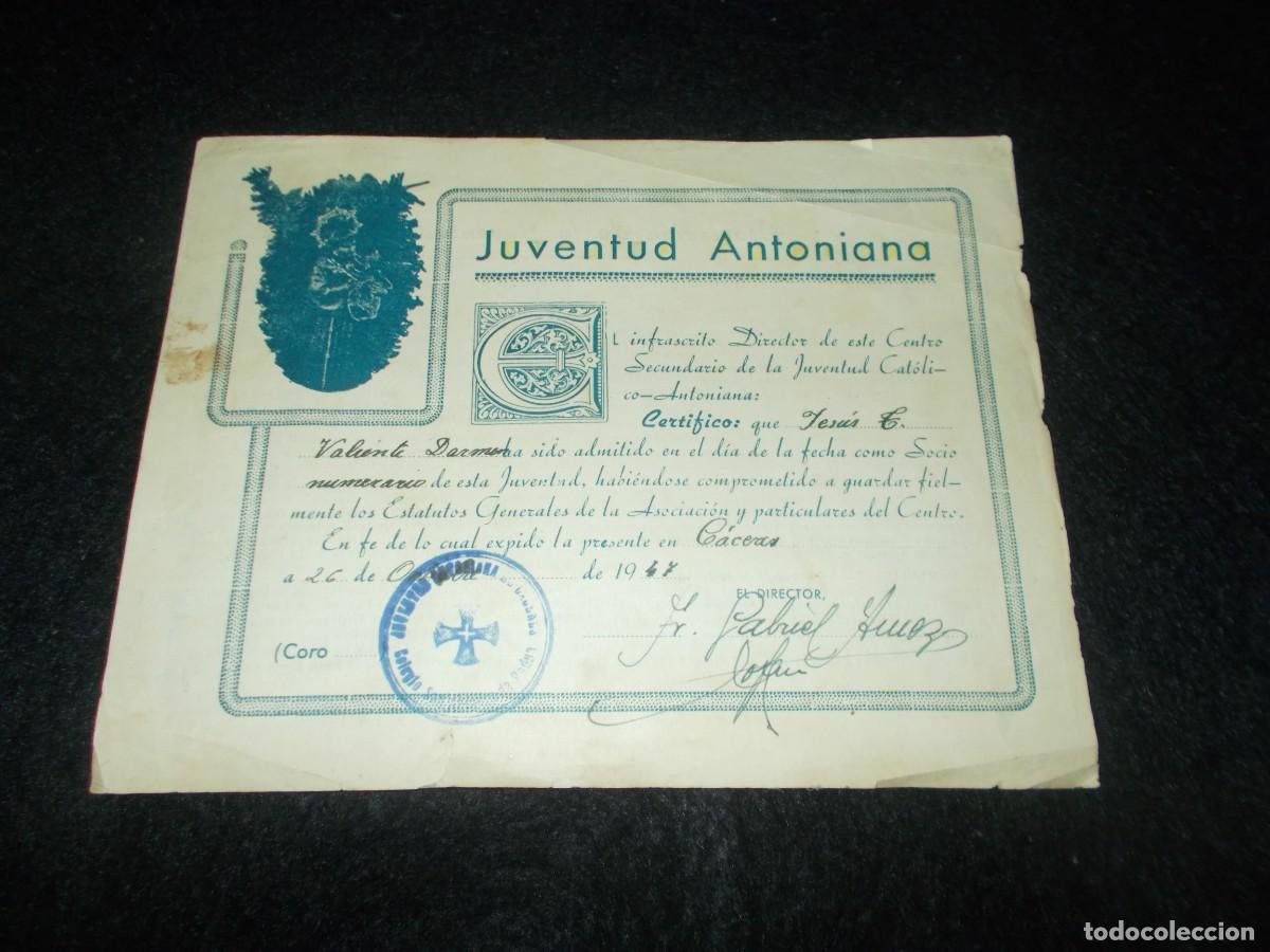Documentos antiguos: Certificado JUVENTUD ANTONIANA 1947 C&Aacute;CERES. Con Sello y Firma. Documento Antiguo Antonio Padua. Ver