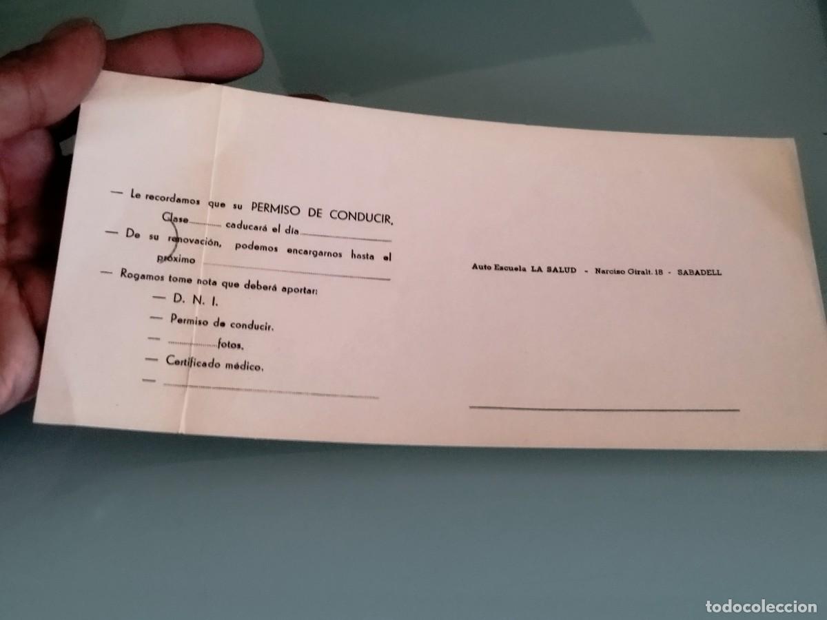 Documentos antiguos: Antiguo impreso para carnet de conducir, renovaci&oacute;n. Auto Escuela LA SALUD. Sabadell.