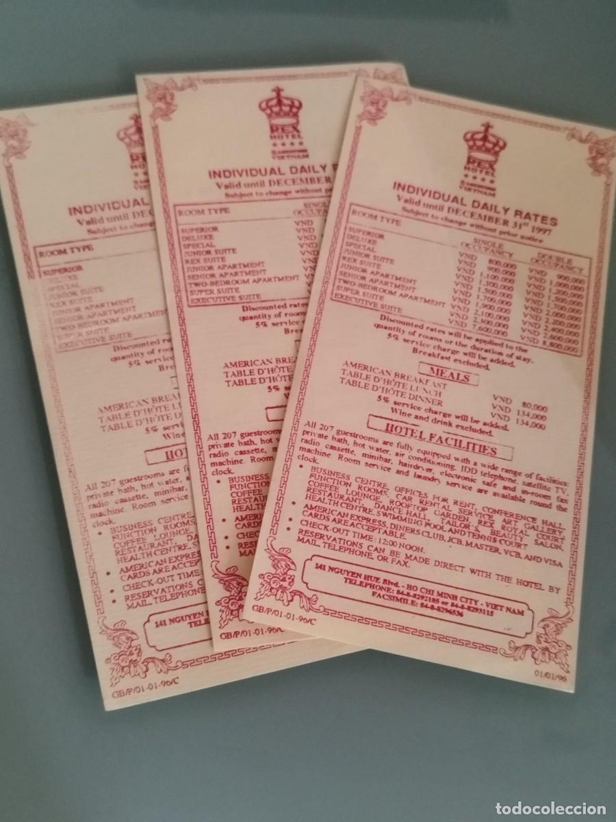 Documentos antiguos: Antiguos folletos de tarifas de habitaciones del Hotel Rex en Ciudad Ho Chi Minh, Vietnam.