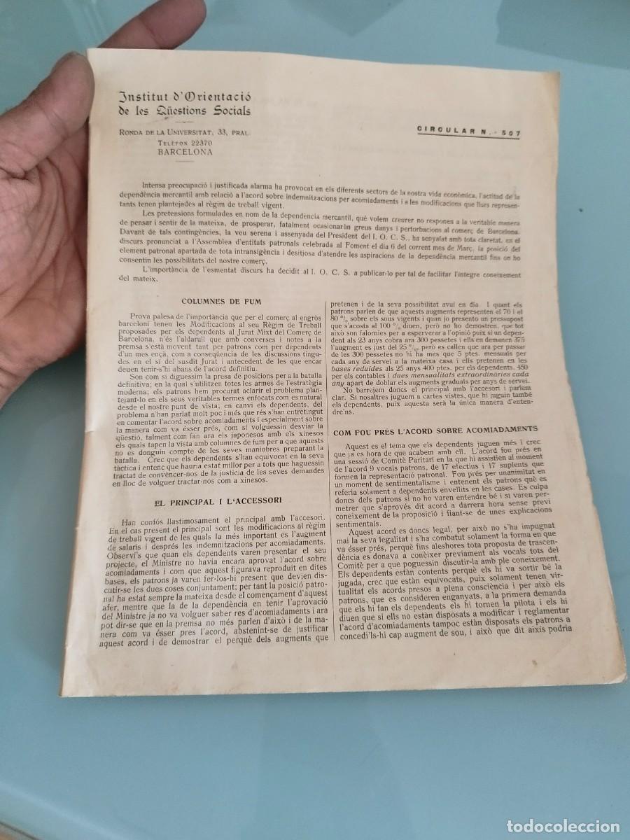 Documentos antiguos: Antigua circular N&deg; 507. Institut d'Orientaci&oacute; de les Q&uuml;estions Socials, Barcelona.