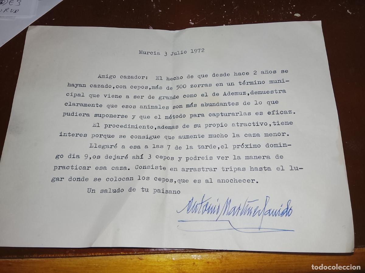 Documentos antiguos: Antigua Carta Mecanografiada Caza de Zorras (Murcia, 1972) - Firmada - Menci&oacute;n a Ademuz
