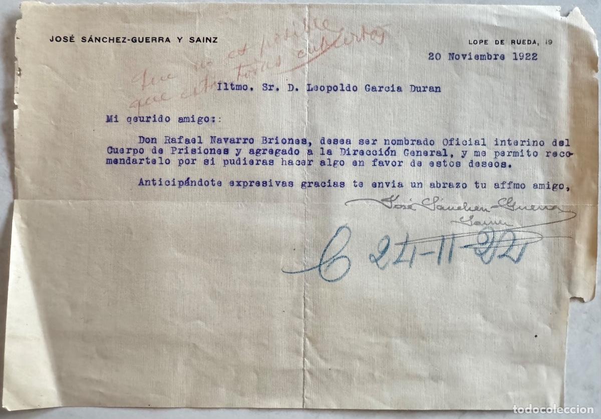 Old Documents: CARTA PRESIDENTE DEL GOBIERNO JOS&Eacute; S&Aacute;NCHEZ GUERRA A LEOPOLDO GARC&Iacute;A DUR&Aacute;N DIRECTOR PRISIONES - 1922