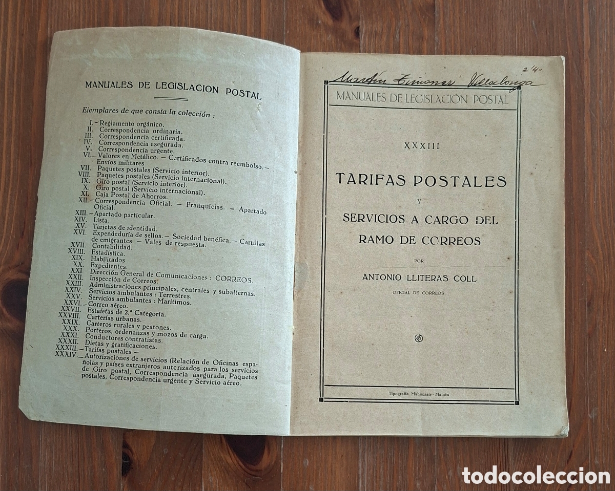Documentos antiguos: Manual de Legislaci&oacute;n Postal &ndash; XXXIII. Tarifas Postales y Servicios a cargo del Ramo de Correos.