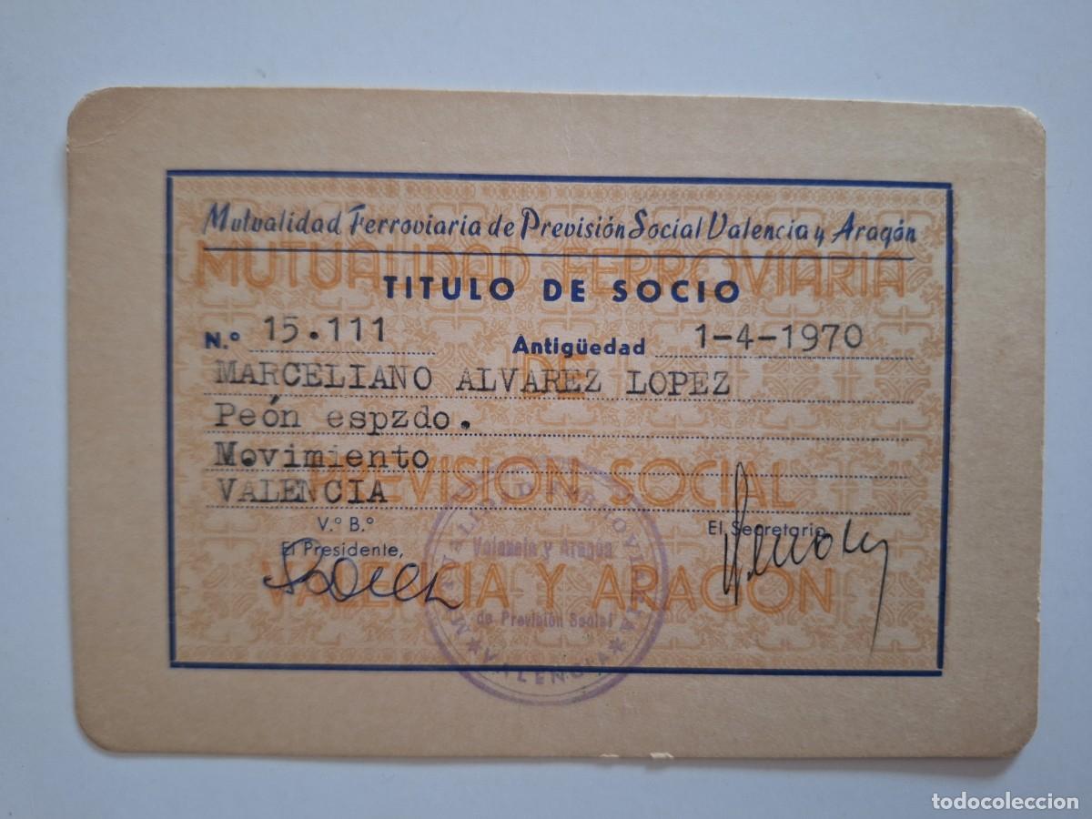 Documentos antigos: CARNET MUTUALIDAD FERROVIARIA PREVISION SOCIAL FERROCARRIL VALENCIA Y ARAGON 1970 RV